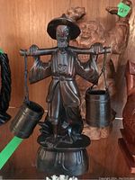 Carved wooden figurine of a man wearing hat, holding a carrying pole with two buckets over his shoulders