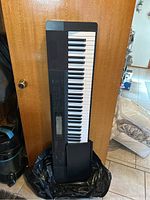 Full view of keyboard leaning against door; shows entire instrument and full-size keys