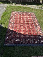Full view of rug laid outdoors on grass against fence, showing overall geometric pattern and fringed ends