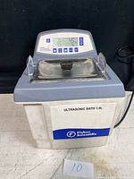 Front view showing Fisher Scientific logo, capacity sticker and top-mounted digital control panel.