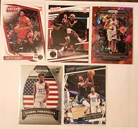 Front of five rookie basketball cards, featuring Scottie Barnes in three Panini sets (RC Threads, Prestige, Red Prizm), Anthony Edwards in Chronicles Prestige, and James Wiseman in Global Prospects.