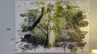 Front view of the large forest canopy canvas print showing tall trees and green leaves with artistic splatter edges.