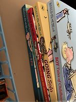 Photo showing four Roald Dahl books standing upright: The BFG, Charlie and the Chocolate Factory, Going Solo, and Boy Tales of Childhood.