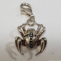 Front top view of the sterling silver spider pendant showing the detailed body pattern and legs, with lobster clasp attachment.