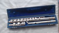 Full view of Reynolds flute disassembled into three parts inside a blue lined case.