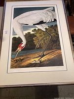 Full view of framed signed and numbered print showing white crane by the water.