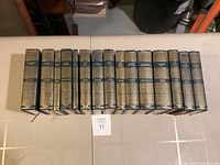 Photo showing the full set of 18 International Collectors Library hardcover books laid out in a row, spine side up.