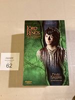 Front view of the box showing bust statue image of Frodo Baggins and Lord of the Rings logo.