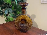 Full view of the amber sunburst blown glass decanter sitting on a wooden surface with plant in background.