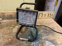 Photo showing the front and side of the portable shop light with the protective metal wire guard and adjustable stand.