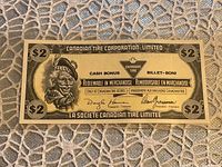Front side of $2 Canadian Tire Corporation Limited cash bonus bill, showing portrait, text, monetary value, signatures, and company logo.
