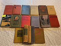 Full lot of 17 vintage and antique novels books spread on patterned surface