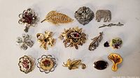 Full view of all brooches and pins arranged on a white surface.