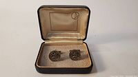 Angle showing pair of St Christopher sterling silver cuff links in original jewelry box.