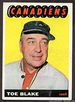Front side of vintage 1965-66 Topps hockey card featuring Toe Blake in Montreal Canadiens coaching gear with yellow background and black/red text.