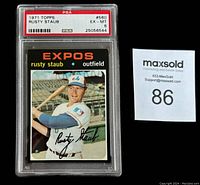 Front image of 1971 Topps Rusty Staub Montreal Expos baseball card in PSA slab showing player image and card grade.