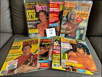 12 wrestling magazines displayed on a couch, featuring various wrestling legends on the covers including Hulk Hogan, Ric Flair, Ultimate Warrior, Randy Savage, and Jake the Snake. Shows lots of colorful, collectible wrestling content from the golden age of wrestling.