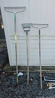 Photo of three different garden rakes showing metal heads and wooden handles