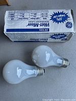 Two GE incandescent light bulbs outside their packaging showing the inside frost glass finish and A19 shape.