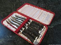 Photo showing six steak knives with stainless steel blades and dark brown faux antler style handles neatly stored inside a fabric-lined red box.