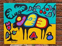 Full front view of the stretched and framed painting against brick wall showing entire artwork.