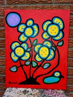 Full front view of painting showing entire canvas against brick background