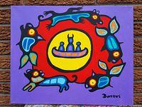 Full view of 16 x 20 inch acrylic painting on stretched canvas by Karl Burrows titled 'We are all one' leaning against brick wall