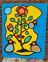 Full front view of the 16x20 inch acrylic on canvas painting showing stylized birds around a flowering tree against yellow and blue background