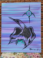 Full front view of original painting by Randy Knott titled "Loon," showing the full canvas with a bird and sun motif on purple background.