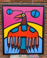 Front view of the framed acrylic painting depicting a stylized Thunderbird in vibrant colors