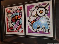 Black frame with two Brent Hardisty prints titled 'Baby Thunderbird' and 'Heart and Mind Connect' inside. Prints have white mat and colorful Indigenous art style.