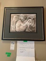 Framed ink drawing of human figure with bird motifs in gray and black ink, certificate of authenticity displayed below, framed in black and metallic frame.