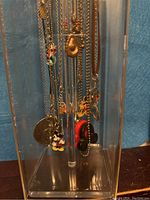Close-up of multiple costume necklaces hanging on clear acrylic display case showing Disney Mickey Mouse, The Little Mermaid, and various themed pendants