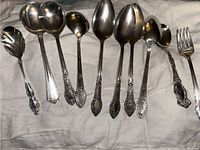 Full view of all 9 pieces showing 7 spoons and 2 forks laid out on white cloth highlighting different spoon shapes and fork design.