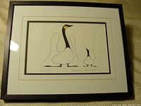 Framed print titled "Learning" showing three stylized birds drawn with simple black lines and minimal color, displayed in a black frame with double white matting.