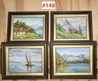 Four framed paintings by P. Chablos showing mountain cabins and water scenes.