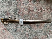 Full view of sword in metal sheath with brass accents on a patterned rug.