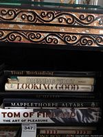 Stack of six hardcover books with visible titles: Visual Merchandising, Dressing Right, Looking Good, Scavullo, Mapplethorpe Altars, Tom of Finland