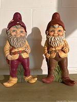 Front view of a pair of ceramic garden gnomes, showing facial features, clothing, and base foliage.