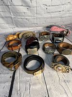 Group view of 12 belts with various leather and fabric straps featuring diverse belt buckles in metal finishes including brass and silver tones, some buckles decorative with engravings and emblems.