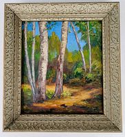 Frontal photo of the painting in the ornate vintage wood frame, showing the birch tree forest scene.