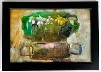 Framed original abstract acrylic painting showing overall condition and frame details.