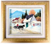 Frontal photo of the framed oil painting showing the entire artwork and frame. Gold textured wooden vintage frame with linen matting around the painting.