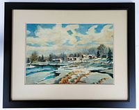 Framed watercolour painting showing full artwork with winter riverside landscape including houses, trees, a river, and a cloudy sky.
