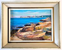 Frontal view of the painting and vintage frame showing the coastal scene and frame condition.