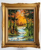 Front view of the framed oil painting showing the vibrant autumn landscape and the signature of Rose Tatossian on the lower right.