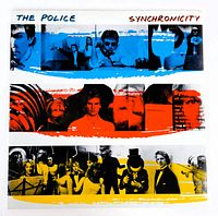 Front cover of The Police Synchronicity LP album showing blue, red, and yellow photo bands with band members.