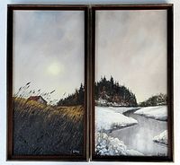 Two paintings side by side in dark wood frames, full view