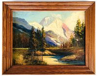 Painting fully framed, showing the landscape scene and vintage wooden frame