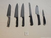 All six knives laid out on a white surface showing different blade shapes and handle styles, with a small lot number tag.